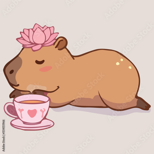 Adorable Capybara Relaxing with Tea and Lotus Flower Crown Cute Animal Illustration