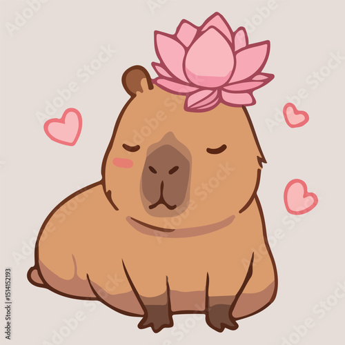 Adorable Capybara with Pink Lotus Flower Crown Peaceful Animal Illustration