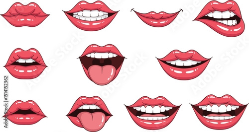 Lips patches collection. Vector illustration of sexy doodle woman's lips expressing different emotions, such as smile, kiss, half-open mouth, biting lip, lip licking, tongue out. Isolated on white