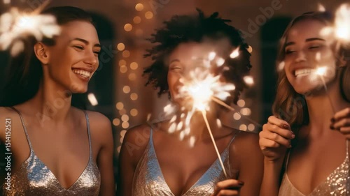 Celebrating with Sparklers: Three friends laughing and holding sparklers, joyfully marking a special occasion with glittering lights and shared smiles in their festive dresses.