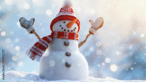 Happy Snowman: A cheerful snowman with a striped hat and scarf stands in a snowy landscape, bringing winter joy and festive cheer.