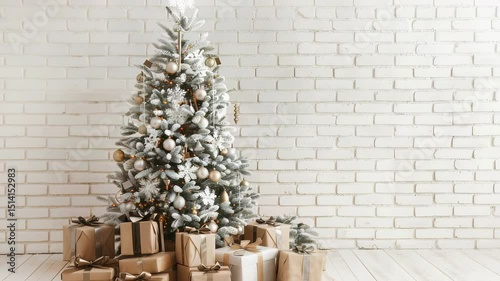 Cozy Christmas Scene: Flocked tree adorned with ornaments, gifts wrapped in neutral paper & ribbons, set against a bright white brick wall and light wood floor. Festive and inviting.