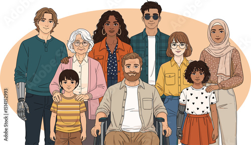 Inclusive People. Vector cartoon illustration in a flat style of a diverse group of people with different types of inclusiveness: LGBT, physical disability, religion, and age. 