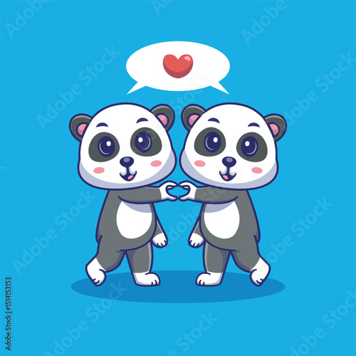 A sweet and playful illustration of two cute panda with their paws farming a heart shape, symbolizing love and friendship, perfect for romantic design, pet lovers or animal theme project