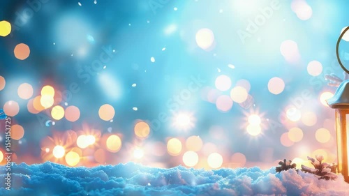 Dreamy winter scene with falling snow, soft bokeh lights, and a frosty, snow-covered foreground. A sense of magic and holiday enchantment.