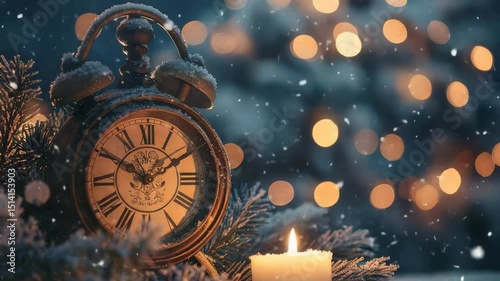 Time for Winter Celebrations: A warm candle glows beside a snowy clock, counting down to new year in a festive, winter landscape with sparkling lights.