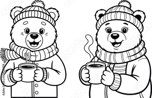 Cute Winter Bear Coloring Page – Cozy Cartoon Bears with Hot Coffee 