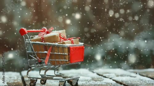 Festive shopping cart filled with gifts on a snowy wooden surface, evoking the holiday season. Presents are wrapped with ribbon, ready for holiday gifting.