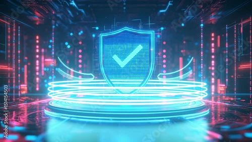 Glowing digital shield with check mark symbol hovering in a futuristic virtual environment, representing cybersecurity, data protection, network safety, secure technology, and trusted online systems