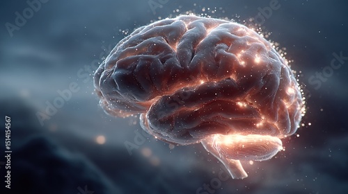 Illuminated brain in a dark, ethereal setting