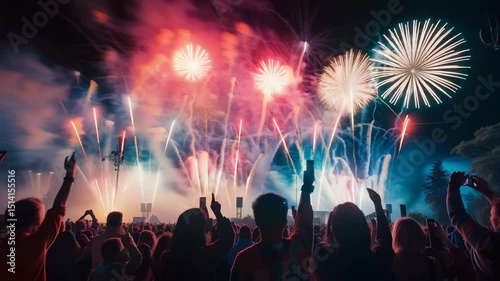A vibrant fireworks display illuminates the night sky, captivating a crowd of onlookers gathered for a festive celebration or event. Silhouettes of people cheering with excitement.