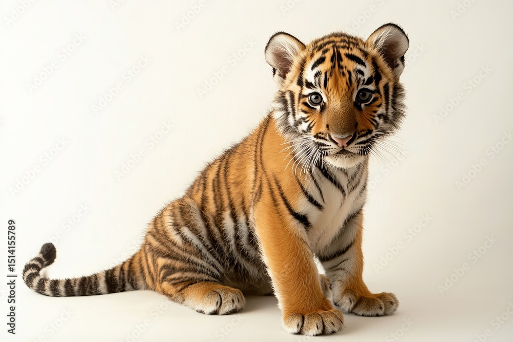 Obraz premium Adorable baby tiger sitting on soft white background with curious eyes and detailed fur texture expressing innocence and beauty
