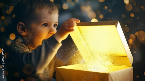 Child opening gift, his face lit up with excitement. Sparkling lights add to the magic, capturing the joy of surprise. Golden hue enhances the wondrous moment.