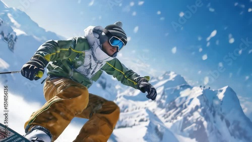 A skier carves through fresh powder on a bright day, surrounded by snow-capped peaks. The vibrant scene captures the thrill of winter sports and the beauty of the mountain landscape.