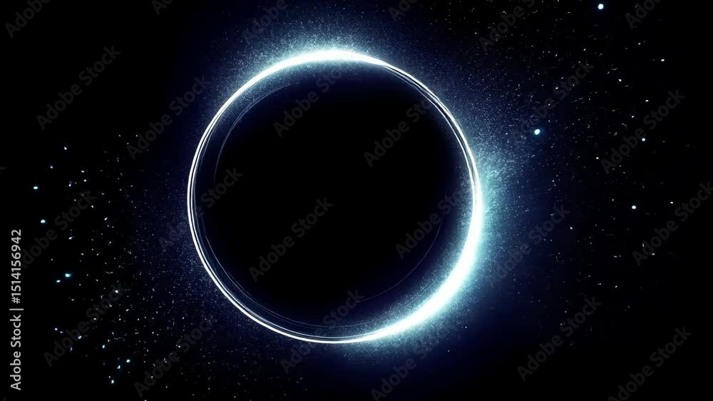 Futuristic glowing white-blue energy ring forming a perfect circle with sparkles and swirling motion on a dark background, creating a modern digital loop effect ideal for abstract and sci-fi visuals.