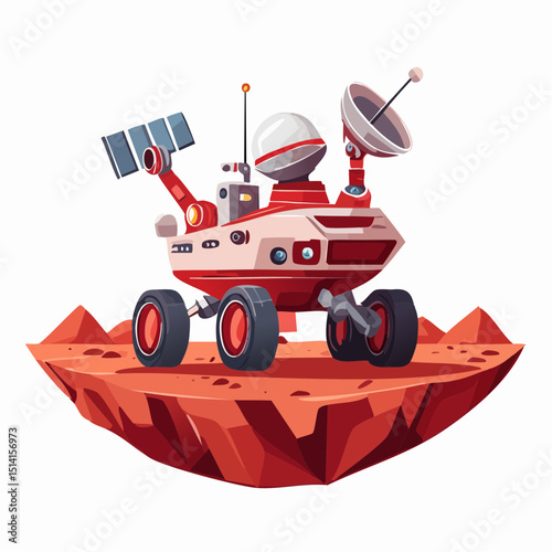 Mars rover driving across red rocks with robotic arms and camera tools.