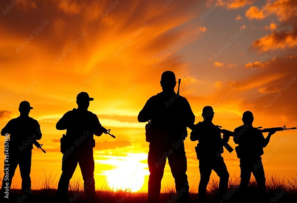 Obraz premium Silhouetted figures stand against a vibrant sunset, rifles held at the ready, yellow, battle silhouette