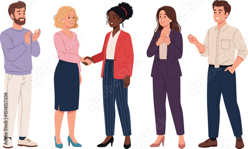 Hiring a new member. Vector illustration in cartoon flat style of the multiracial business team and two friendly women are shaking hands.
