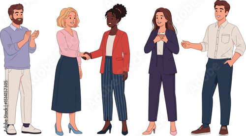 Hiring a new member. Vector illustration in cartoon flat style of the multiracial business team and two friendly women are shaking hands.