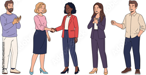 Hiring a new member. Vector illustration in cartoon flat style of the multiracial business team and two friendly women are shaking hands.