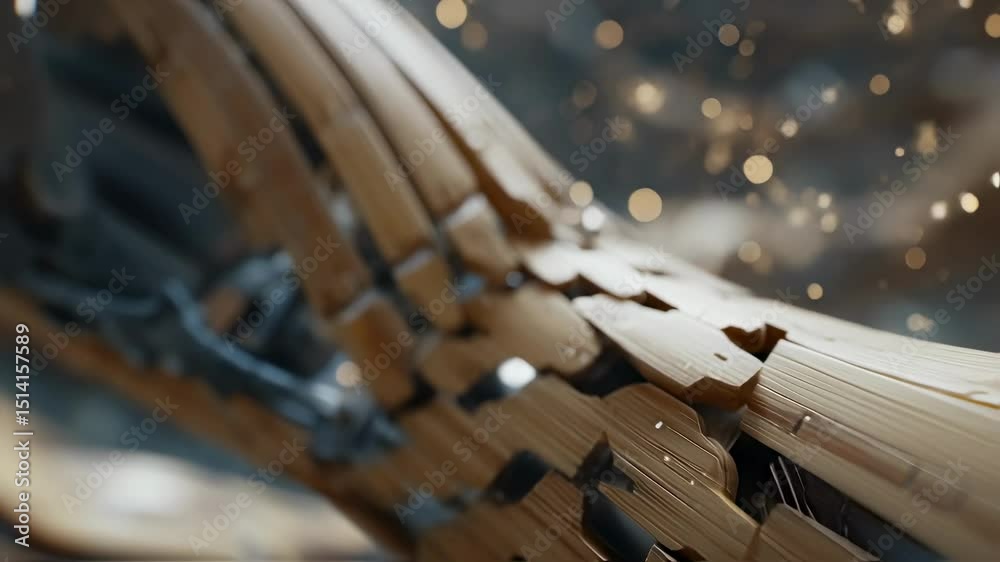 Intricate bamboo splice merging with wave attenuator element, highlighting parametric design's sophisticated functionality through golden particle enhanced aesthetic detail