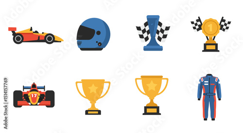 Racing themed icons cars helmet trophies checkered flags and racing suit