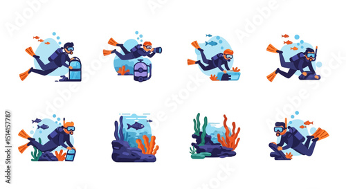 Scuba Divers and Underwater Scenes with Fish and Coral Illustrations