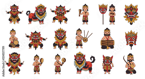 Set of Indonesian Traditional Art Characters and Masks Illustrations