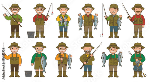 Cartoon fishermen with fishing rods fish and buckets in various poses