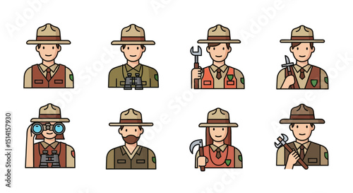 Cartoon Icons of Park Rangers with Tools and Binoculars
