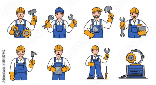 Cartoon Mechanics and Machine with Tools in Various Poses