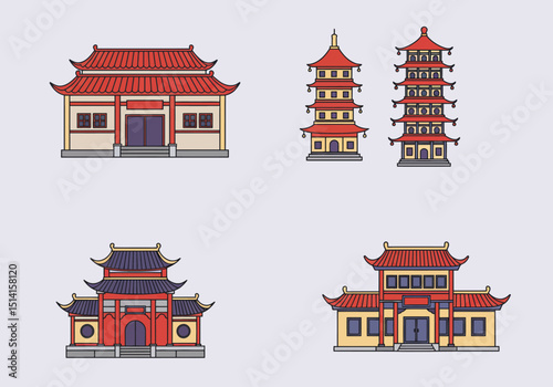 Four Asianstyle buildings and pagodas with distinct architectural designs