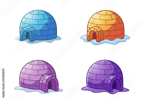 Four Colorful Cartoon Igloos on Snow Patches