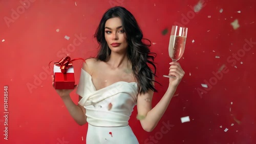 Woman celebrates with champagne and a gift against a red background with falling confetti, suggesting a party or special occasion. She's dressed elegantly in white.