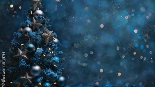 Festive Christmas tree with ornaments and twinkling lights. A classic holiday scene evoking warmth and cheer. Ideal for seasonal celebrations and decorations.