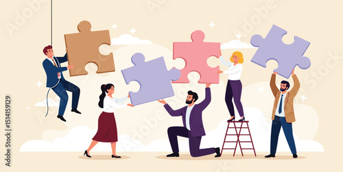 Business Teamwork concept. Contemporary flat style abstract vector illustration of a group of diverse people putting together a huge puzzle details