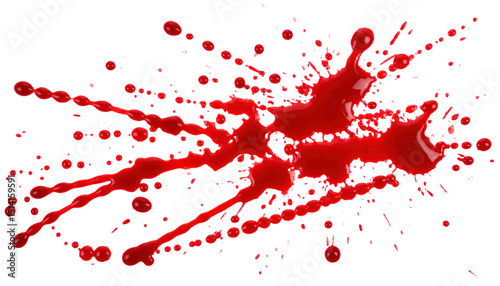 A blood splatter smear stain is overlaid on a white backgroud