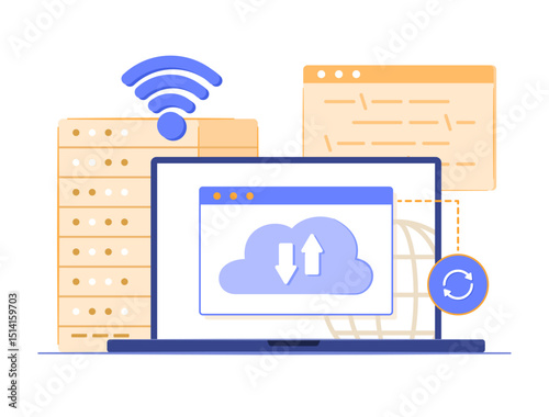 Laptop Computer Syncing Cloud Computing Server via Wi-Fi Signal for Internet and Wireless Connection Technology Concept Illustration
