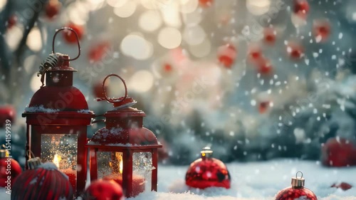 Festive lanterns and ornaments amidst falling snow, creating a cozy holiday ambiance. A charming winter scene filled with warmth and holiday cheer.
