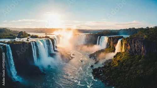 Majestic view of waterfalls plunging into the river surrounded by lush greenery under a bright blue sky