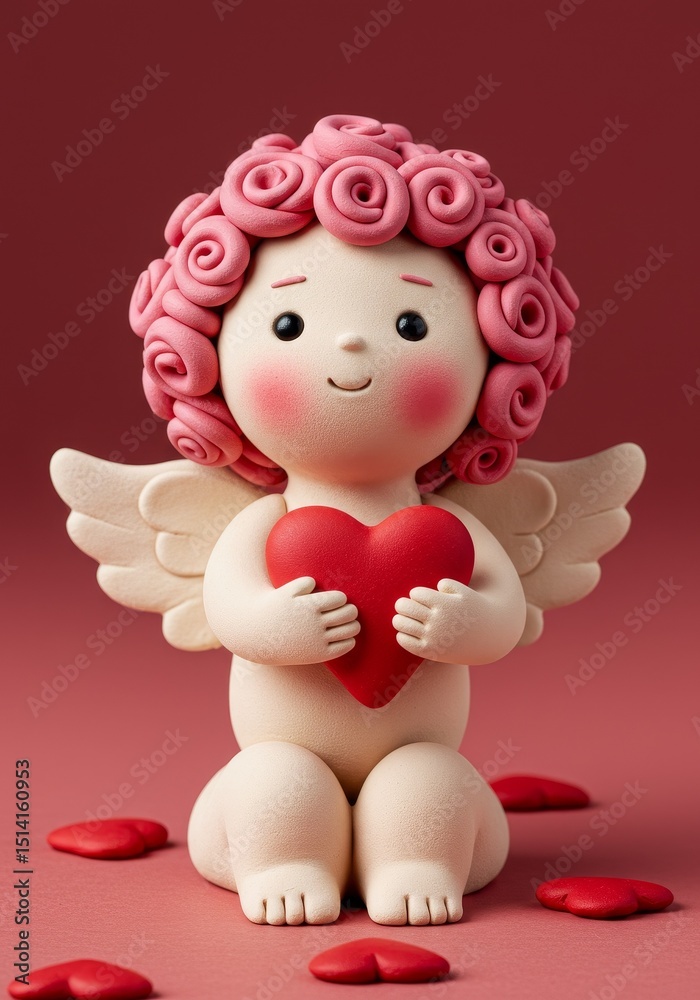 3D Angel with Pink Rose Hair Holding Heart Red Valentine Gift 3D Angel with Pink Rose Hair Holding Heart Red Valentine Gift