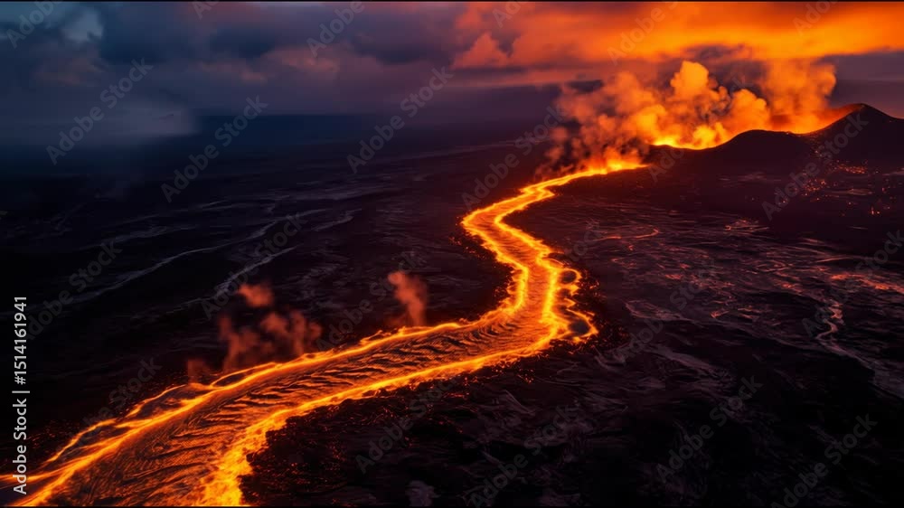 Aerial view of flowing lava river from erupting volcano at sunset with glowing red clouds and dark landscape