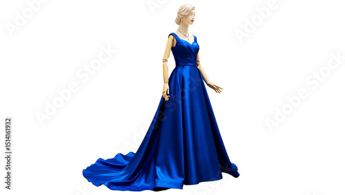 Elegant woman in a long blue evening gown posing with grace and glamour