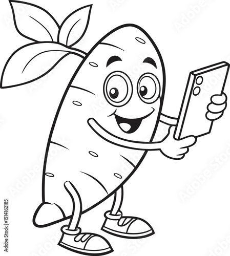Cute Yam Character Taking a Selfie Coloring Page Design for Kids