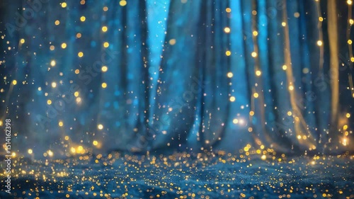 Abstract blue background with bokeh lights and sparkling effect, creating a magical and festive atmosphere. Ideal for holiday themes and celebrations.