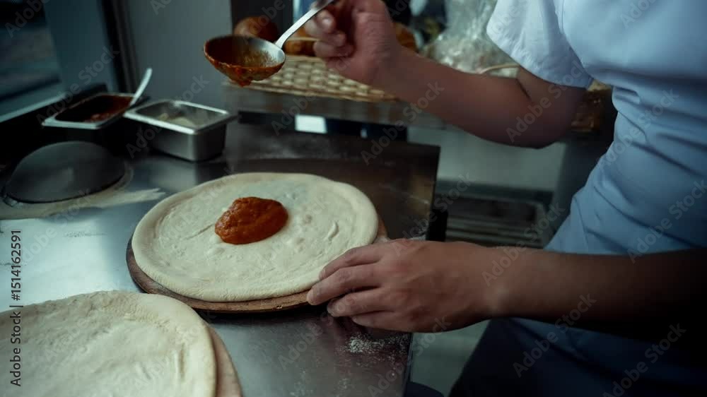 Colocando salsa en la pizza