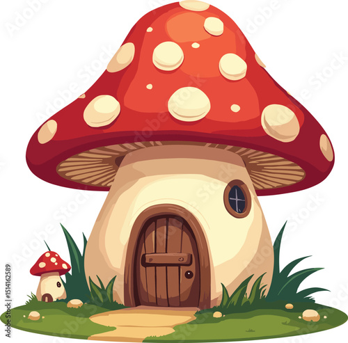 Whimsical cartoon vector of Gnome Home,  a red mushroom house with a wooden door, surrounded by grass and flowers, isolated on a transparent background. Ideal for fairy tale or fantasy themes.