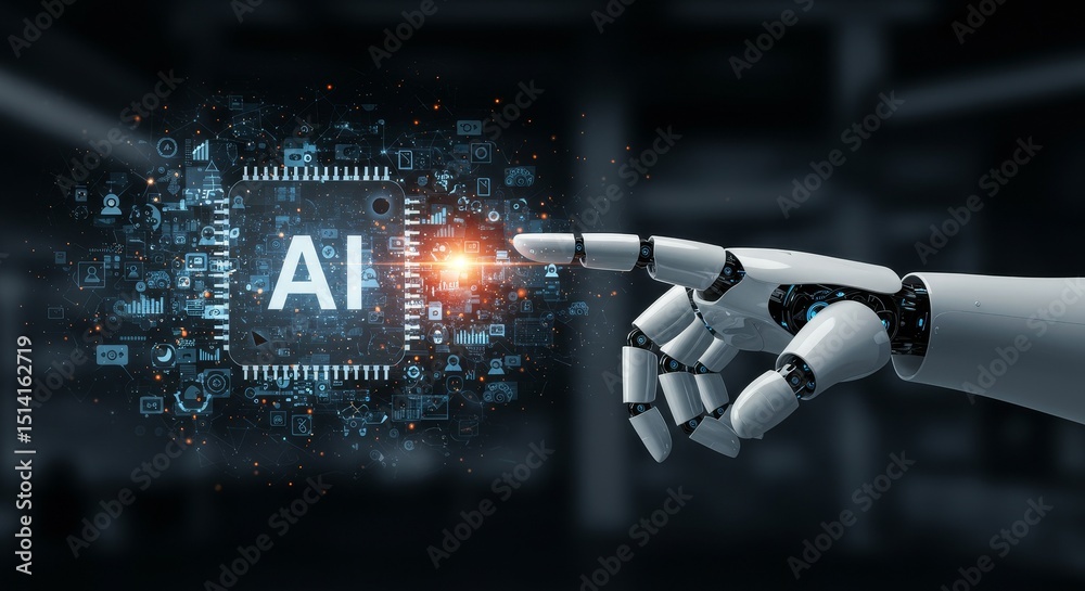 Obraz premium 3d Rendering AI Future Technology Hand Digital Network Background