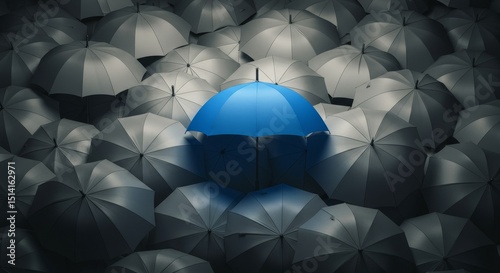 3d Unique Blue Umbrella Stands Out Among Gray Umbrellas Concept