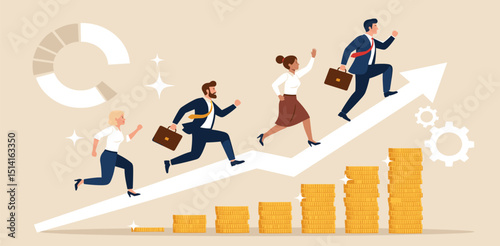 Business Success Concept. Vector illustration in flat style of two businessmen in suits standing on the top of the graph with raised arms. Abstract background with gears